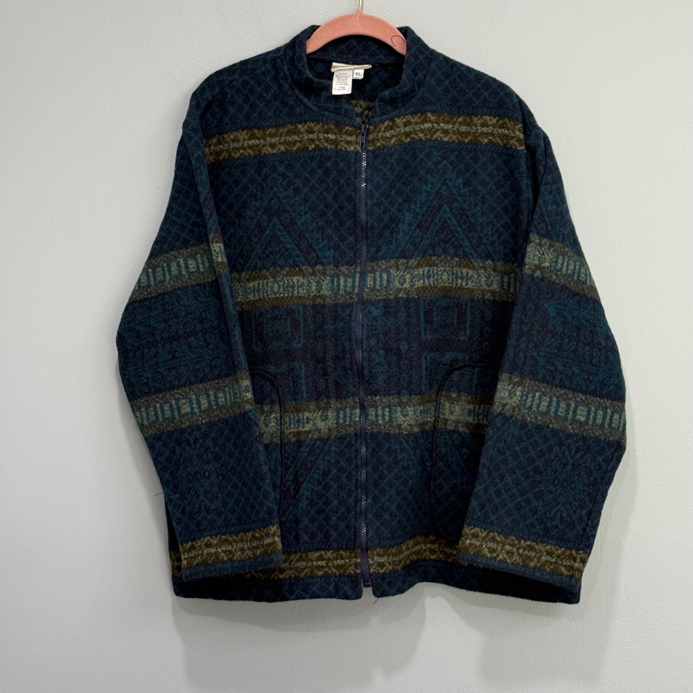 VTG Coldwater Creek Southwestern Geometric Zip Up Wool Jacket XL Earthy